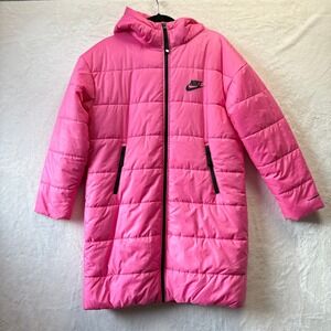 Nike Therma-FIT Puffer Coat Women Sz Small‎ Pink Long Hooded Winter Warm